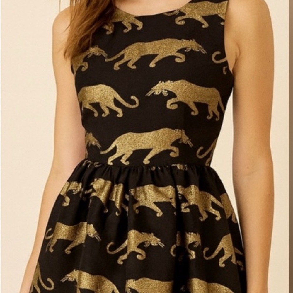 Anthropologie Black and Gold Panther Mini Dress